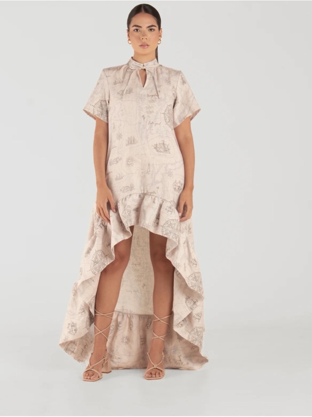ASHLEYSTAMBOULI BELLA LINEN DRESS Size M Print Map Summmer NWT